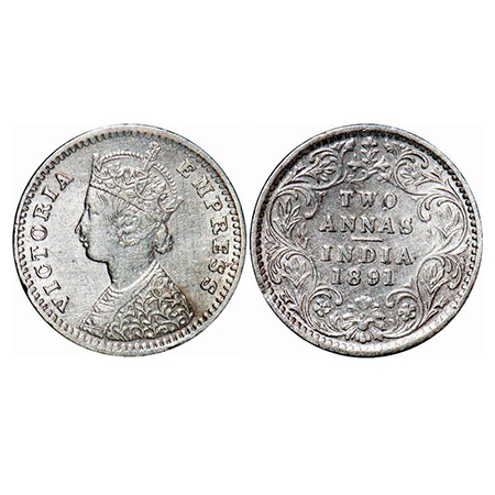 Victoria Empress, Silver, 2 Annas, 1891, Bombay Mint, B/II, 'B' incused. GK 794. Very Fine