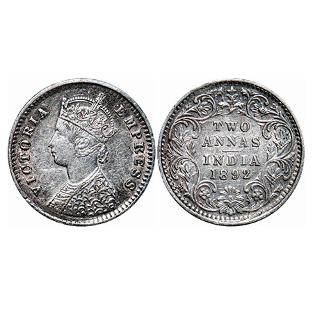 Victoria Empress, Silver, 2 Annas, 1892, Bombay Mint, B/II, 'B' incused. GK 796. Extremely