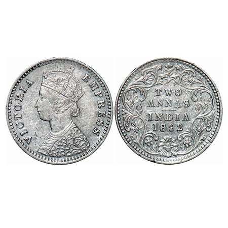 Victoria Empress, Silver, 2 Annas, 1892, Bombay Mint, B/II, 'B' incused. GK 796. Almost Un