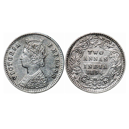 Victoria Empress, Silver, 2 Annas, 1894, Bombay Mint, B/II, 'B' incused. GK 801. Extremely