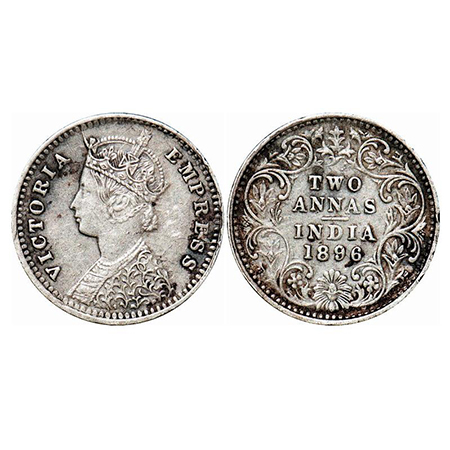 Victoria Empress, Silver, 2 Annas, 1896, Bombay Mint, B/II, 'B' incused. GK 804. Extremely