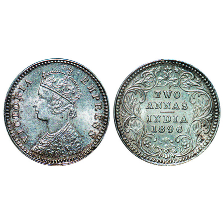 Victoria Empress, Silver, 2 Annas, 1896, Calcutta Mint, B/II, 'C' incused. GK 805. Almost 