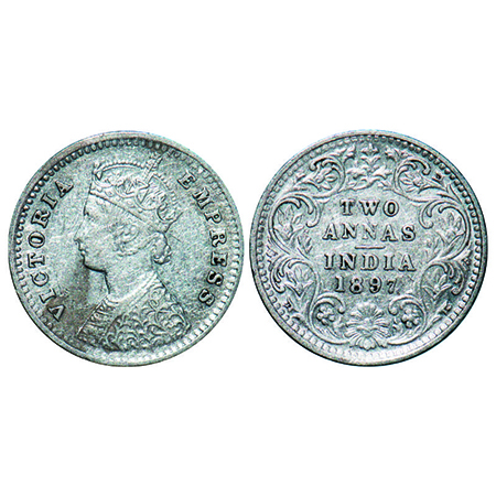 Victoria Empress, Silver, 2 Annas, 1897, Bombay Mint, B/II, 'B' incused. GK 806. Very Fine