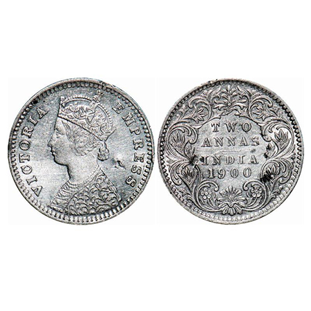 Victoria Empress, Silver, 2 Annas, 1900, Bombay Mint, B/I, 'B' raised, Chisel mark on Rev 