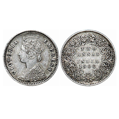 Victoria Empress, Silver, 2 Annas, 1900, Bombay Mint, B/I, 'B' raised. GK 812. Extremely F