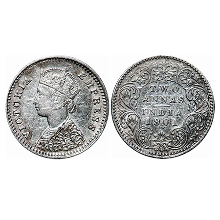 Victoria Empress, Silver, 2 Annas, 1901, Bombay Mint, B/I, 'B' incused. GK 816. Extremely 