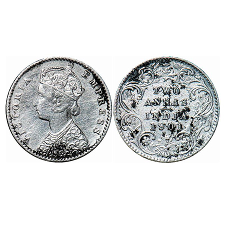 Victoria Empress, Silver, 2 Annas, 1901, Calcutta Mint, B/II, 'C' incused. GK 817. Very Fi