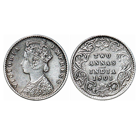 Victoria Empress, Silver, 2 Annas, 1901, Calcutta Mint, B/II, 'C' incused. GK 817. Very Fi