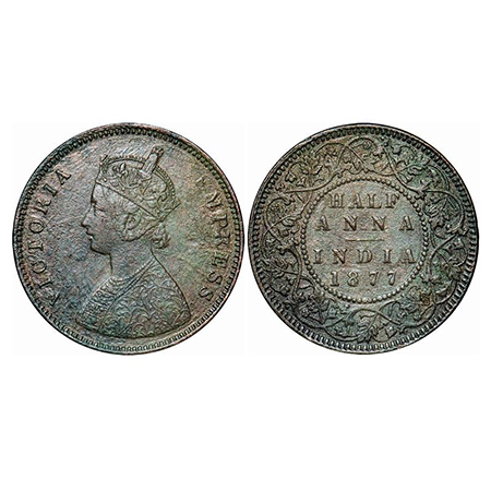 Victoria Empress, Copper, Half Anna, 1877, Bombay Mint, B/II. GK 820. Very Fine+. Scarce.