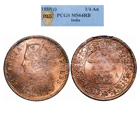 Victoria Empress, Copper, Quarter Anna, 1880, Calcutta Mint, B/II, 'C' incused. GK 833. PC