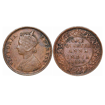 Victoria Empress, Copper, Quarter Anna, 1886, Bombay Mint, B/I, No mint mark. GK 841. Very