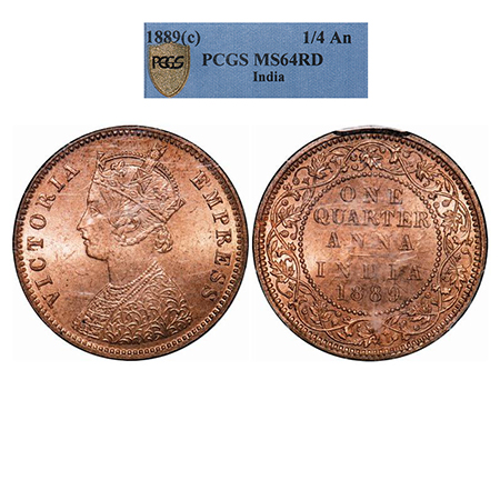 Victoria Empress, Copper, Quarter Anna, 1889, Calcutta Mint, B/II, No mint mark. GK 848. P