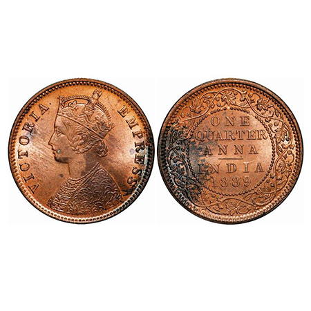 Victoria Empress, Copper, Quarter Anna, 1889, Calcutta Mint, B/II, No mint mark. GK 848. M