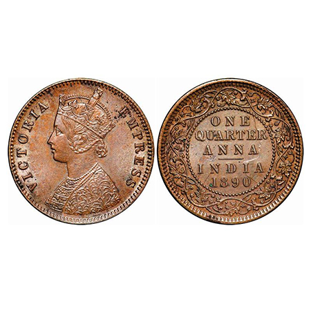 Victoria Empress, Copper, Quarter Anna, 1890, Calcutta Mint, B/II, No mint mark, Full skul