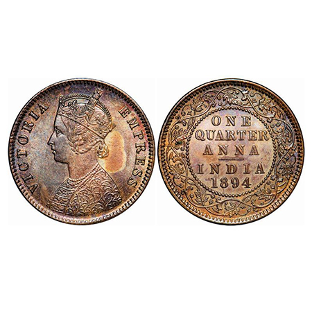 Victoria Empress, Copper, Quarter Anna, 1894, Calcutta Mint, B/II, No mint mark. GK 853. U