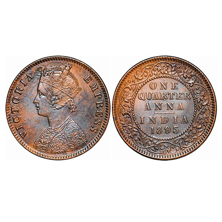 Victoria Empress, Copper, Quarter Anna, 1895, Calcutta Mint, B/II, No mint mark. GK 854. A
