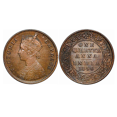 Victoria Empress, Copper, Quarter Anna, 1896, Calcutta Mint, B/II, No mint mark. GK 855. A