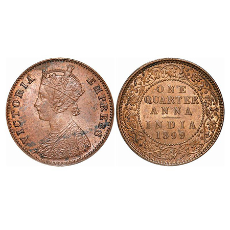 Victoria Empress, Copper, Quarter Anna, 1899, Calcutta Mint, B/II, No mint mark. GK 858. U
