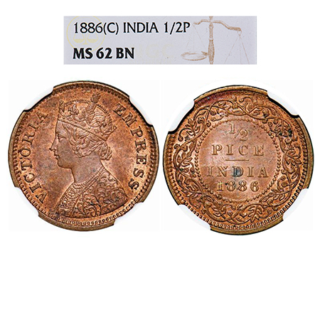 Victoria Empress, Copper, 1/2 Pice, 1886, Calcutta Mint, A/I, No mint mark. GK 865. NGC Sl