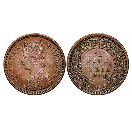 Victoria Empress, Copper, 1/2 Pice, 1890, Calcutta Mint, A/I, No mint mark, die filled inn