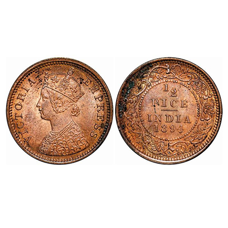 Victoria Empress, Copper, 1/2 Pice, 1894, Calcutta Mint, A/I, No mint mark, Ghost on Rev. 