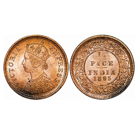 Victoria Empress, Copper, 1/2 Pice, 1895, Calcutta Mint, A/I, No mint mark, A huge die cra