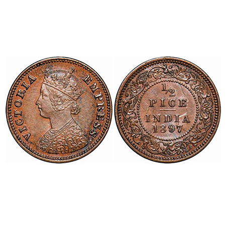Victoria Empress, Copper, 1/2 Pice, 1897, Calcutta Mint, A/I, No mint mark, Full ghost on 