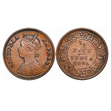 Victoria Empress, Copper, 1/2 Pice, 1898, Calcutta Mint, A/I, No mint mark, Ghost on Rev, 