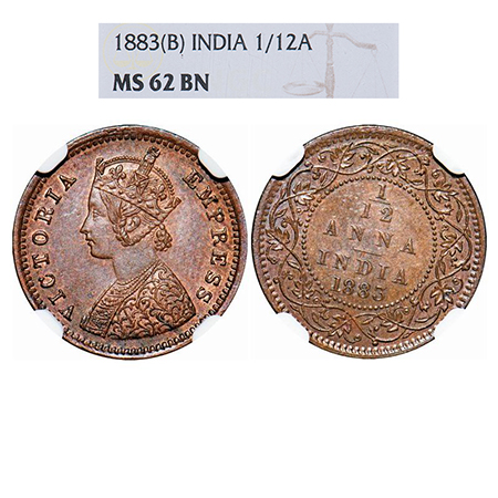 Victoria Empress, Copper, 1/12 Anna, 1883, Bombay Mint, Obv A, No mint mark. GK 895. NGC S