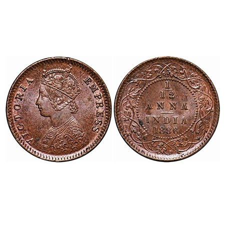 Victoria Empress, Copper, 1/12 Anna, 1886, Calcutta Mint, Obv B, 'C' incused. GK 902. Unci