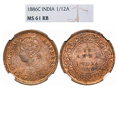 Victoria Empress, Copper, 1/12 Anna, 1886, Calcutta Mint, Obv B, 'C' incused. GK 902. NGC 