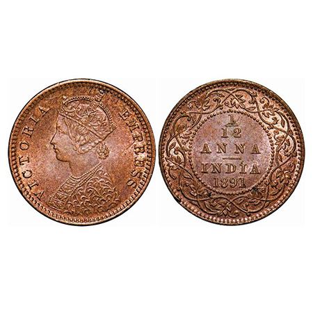 Victoria Empress, Copper, 1/12 Anna, 1891, Calcutta Mint, Obv B, No mint mark, Die crack o