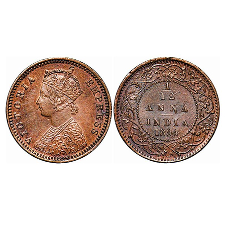 Victoria Empress, Copper, 1/12 Anna, 1894, Calcutta Mint, Obv B, No mint mark, Letter 'A' 