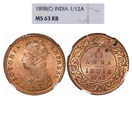 Victoria Empress, Copper, 1/12 Anna, 1898, Calcutta mint, Obv B, No mint mark. GK 919. NGC