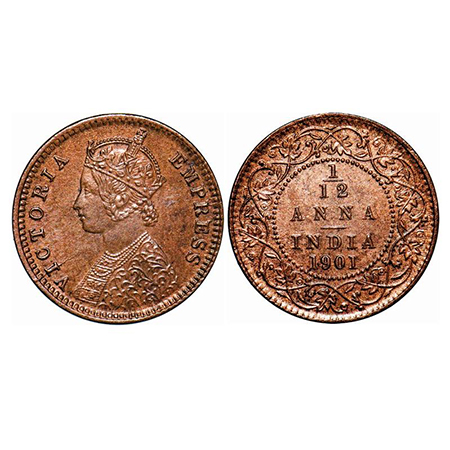 Victoria Empress, Copper, 1/12 Anna, 1901, Calcutta Mint, Obv B, No mint mark, Die cracks 