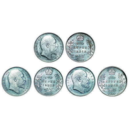 Edward VII, Silver, Rupee, (3 coins), 1) 1905, Bombay Mint, 'B' incused and dot, Top strok