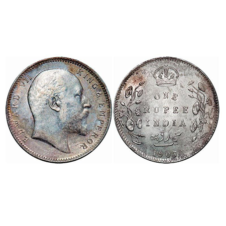 Edward VII, Silver, Rupee, 1907, Calcutta mint, No mint mark. GK 942. About Uncirculated. 