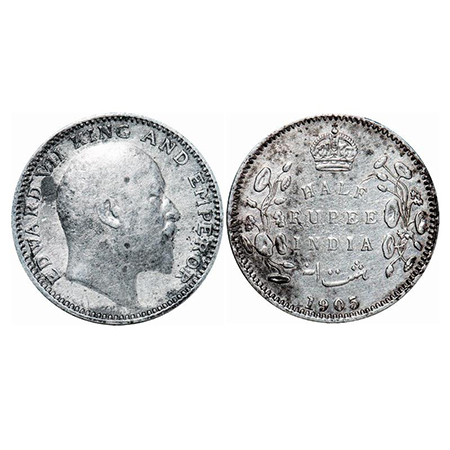 Edward VII, Silver, Half Rupee, 1905, Calcutta Mint, No mint mark. GK 960. About Extremely