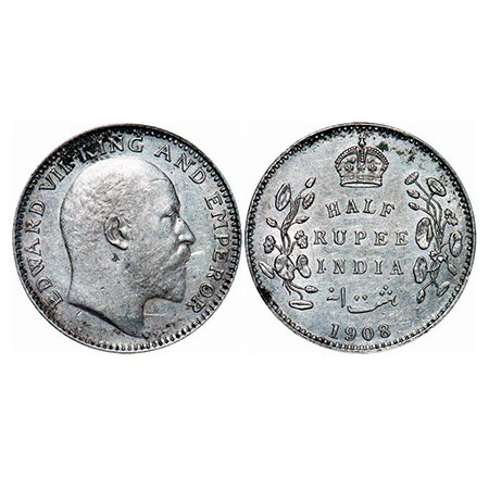 Edward VII, Silver, Half Rupee, 1908, Calcutta Mint, No mint mark. GK 968. Extremely Fine+