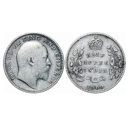 Edward VII, Silver, Half Rupee, 1909, Calcutta Mint, No mint mark. GK 969. Very Fine. Scar