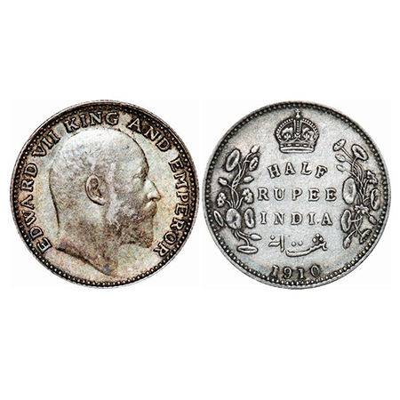 Edward VII, Silver, Half Rupee, 1910, Bombay Mint, 'B' incused and dot. GK 970. Extremely 