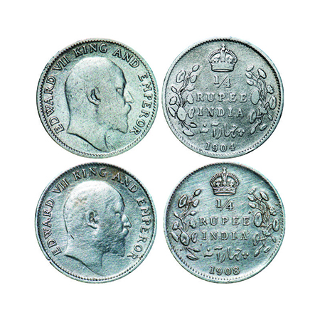 Edward VII, Silver, 1/4 Rupee, (2 coins), 1904, 1908, Calcutta Mint, no mint mark. GK 973,