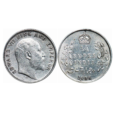 Edward VII, Silver, 1/4 Rupee, 1906, Calcutta Mint, No mint mark. GK 975. Extremely Fine+.