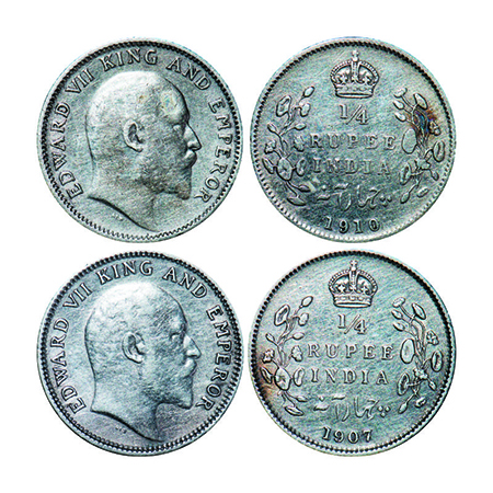 Edward VII, Silver, 1/4 Rupee, (2 coins), 1907, 1910, Calcutta Mint, no mint mark. GK 976,