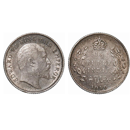 Edward VII, Silver, 1/4 Rupee, 1910, Calcutta Mint, No mint mark. GK 978. Almost Uncircula