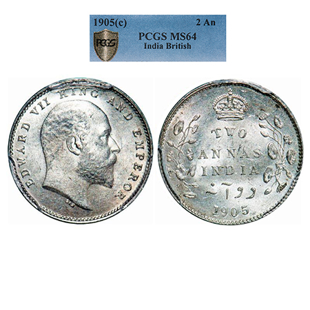 Edward VII, Silver, 2 Annas, 1905, Calcutta Mint, No mint mark. GK 982. PCGS Slabbed MS 64