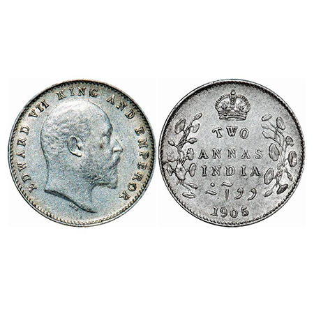 Edward VII, Silver, 2 Annas, 1905, Calcutta Mint, No mint mark, Die crack on Rev. GK 982. 