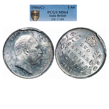 Edward VII, Silver, 2 Annas, 1906, Calcutta Mint, No mint mark, 1 o'clock die rotation on 