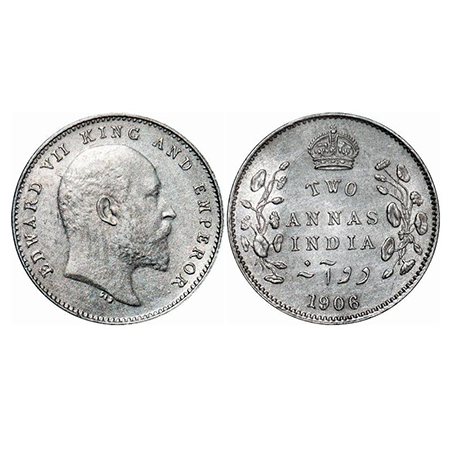 Edward VII, Silver, 2 Annas, 1906, Calcutta Mint, No mint mark. GK 983. Almost Uncirculate