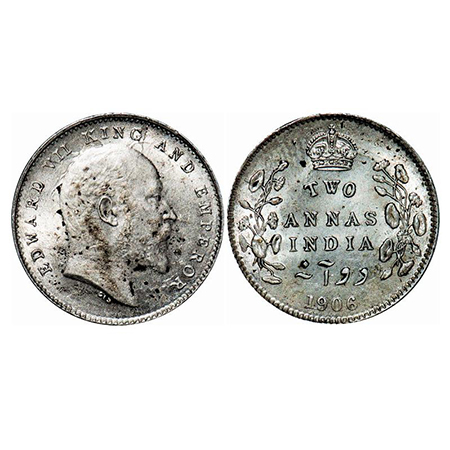 Edward VII, Silver, 2 Annas, 1906, Calcutta Mint, No mint mark. GK 983. Uncirculated, Deta
